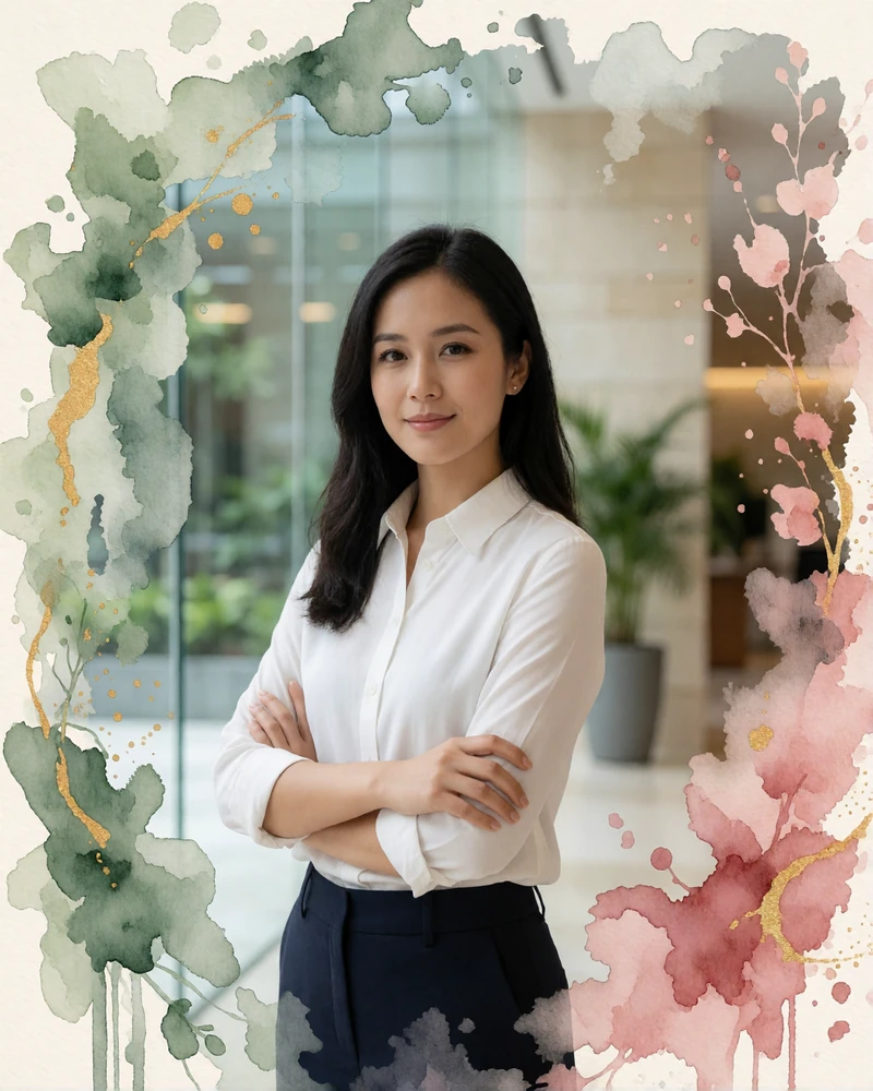 Singaporean finance professional in a white shirt smiling in a glass-walled office lobby in Marina Bay