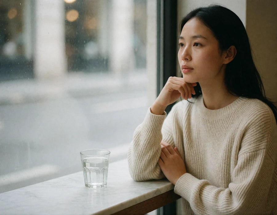 Thoughtful Asian woman resting her chin on her hand beside a café window in quiet reflection