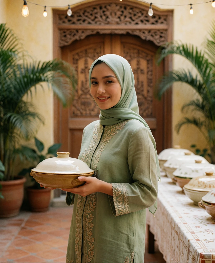 Indonesian woman in a green headscarf holding a covered dish during an Eid family gathering in a sunlit courtyard