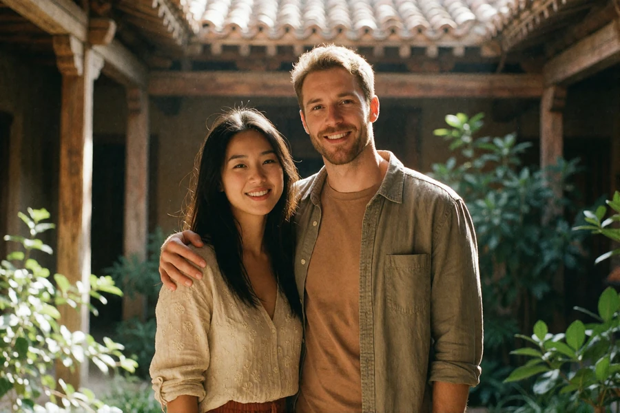 Asian woman and Western man smiling together in a traditional wooden courtyard after meeting through MatchAsian