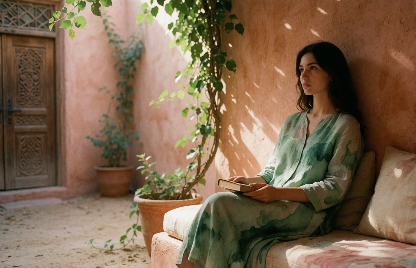 Young Tajik woman seated with a closed book in a shaded plaster courtyard, reflecting the unhurried pace of Tajik courtship