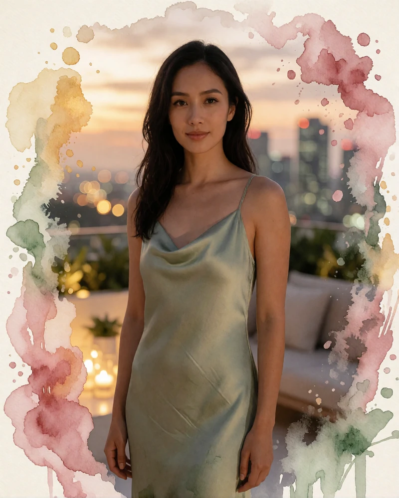 Singaporean marketing executive in a sage silk dress standing on a rooftop lounge terrace at dusk near Orchard Road