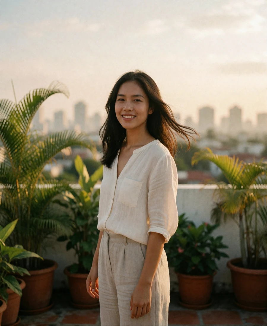 Filipina woman in a light breathable blouse and linen trousers on a rooftop terrace in Manila at golden hour