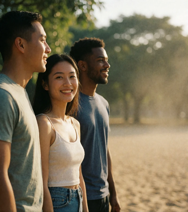 Smiling Asian woman standing with two friends in a sunlit park, part of the MatchAsian community