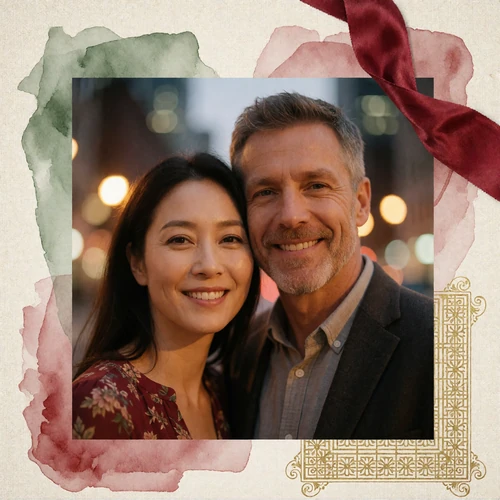 Korean woman and Western man in their late thirties smiling together with city lights softly blurred behind them