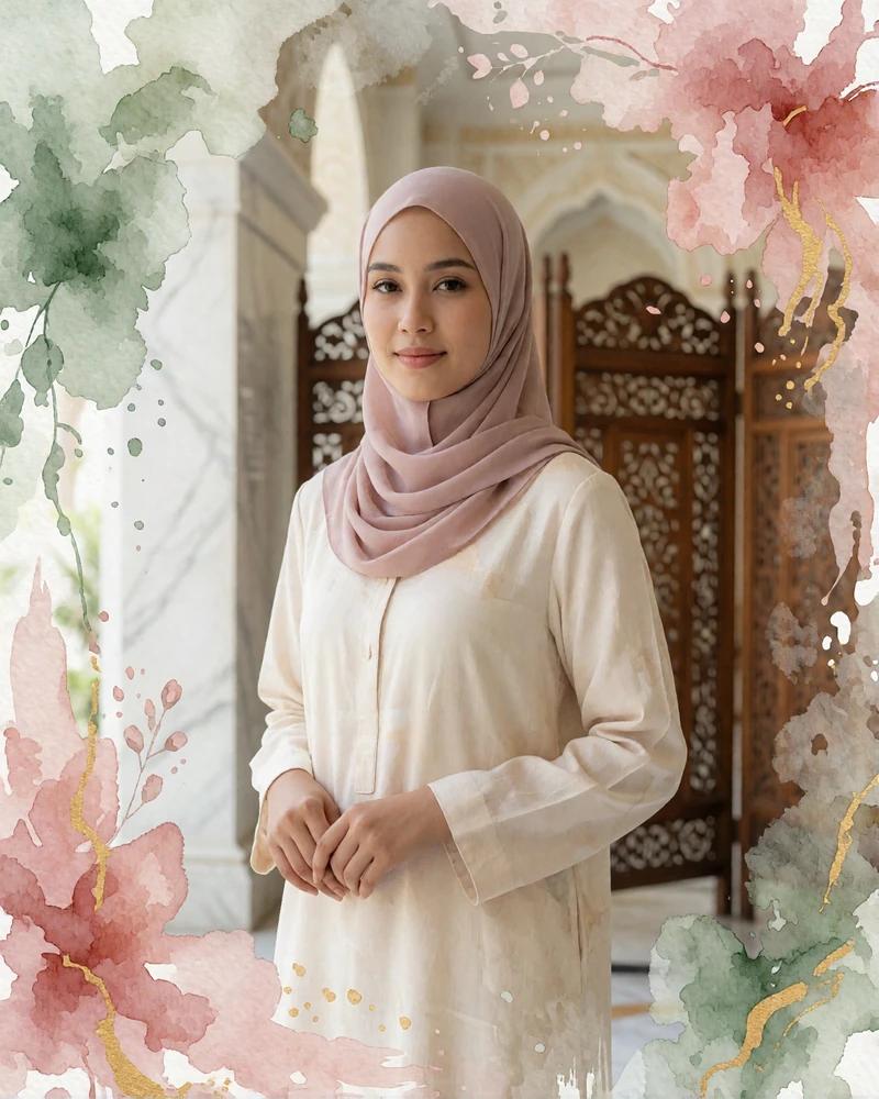 Bruneian woman in an ivory tunic and pale rose headscarf standing in a marble atrium with carved wooden screens in Bandar Seri Begawan