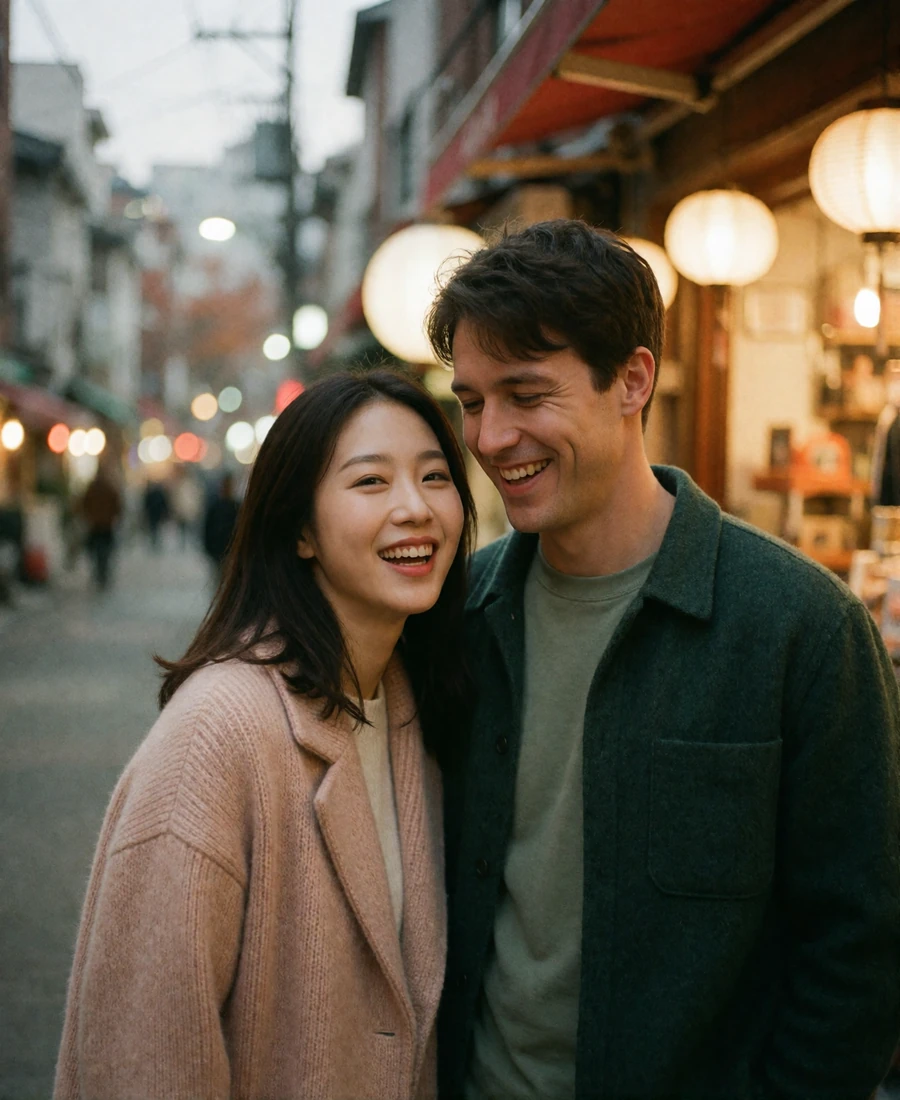 Korean woman in a blush knit coat laughing beside a Western man on a Seoul side street in the evening