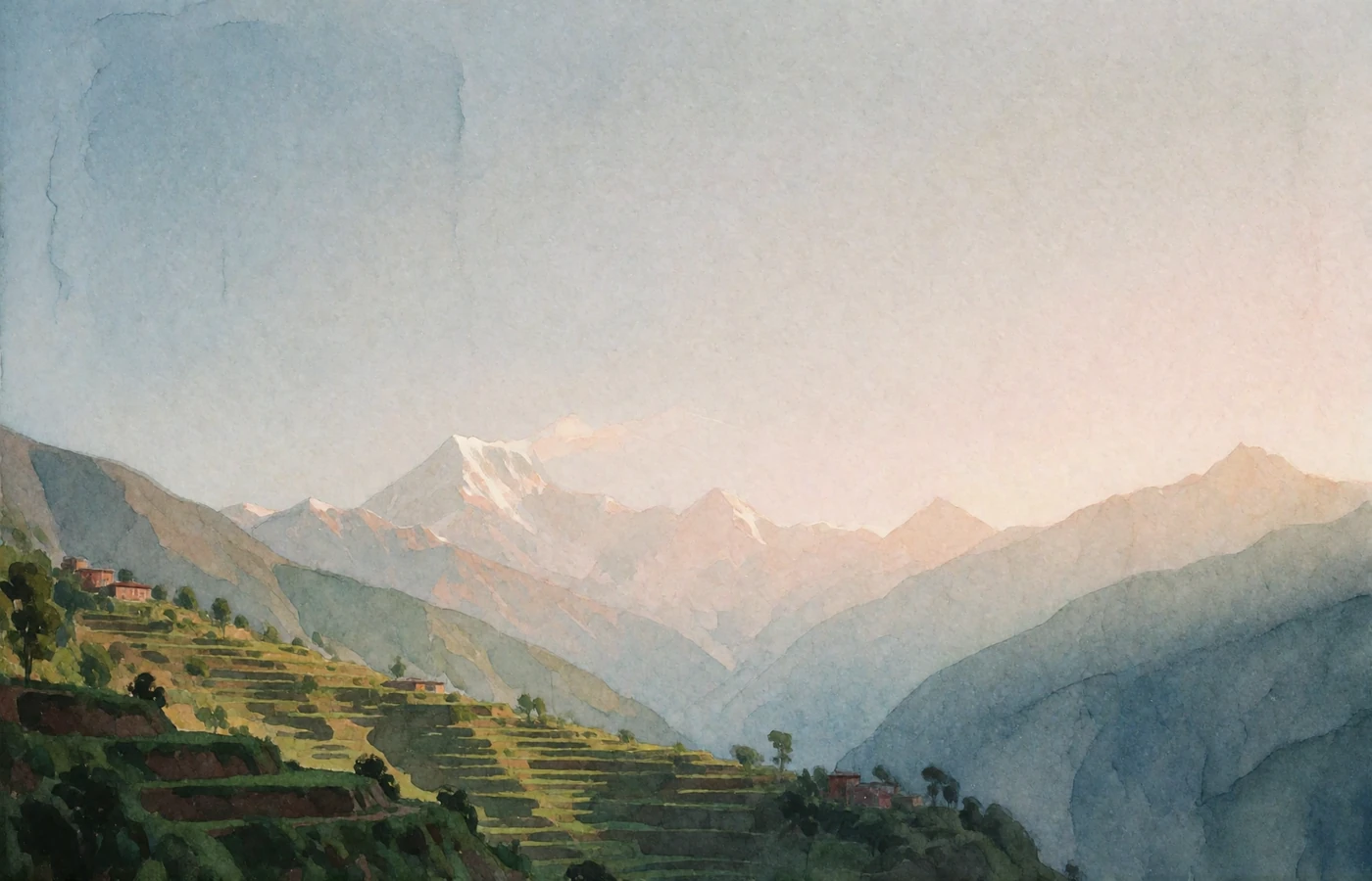 Terraced green Nepalese hillsides at sunrise with layered snow-capped Himalayan ridges receding along the horizon