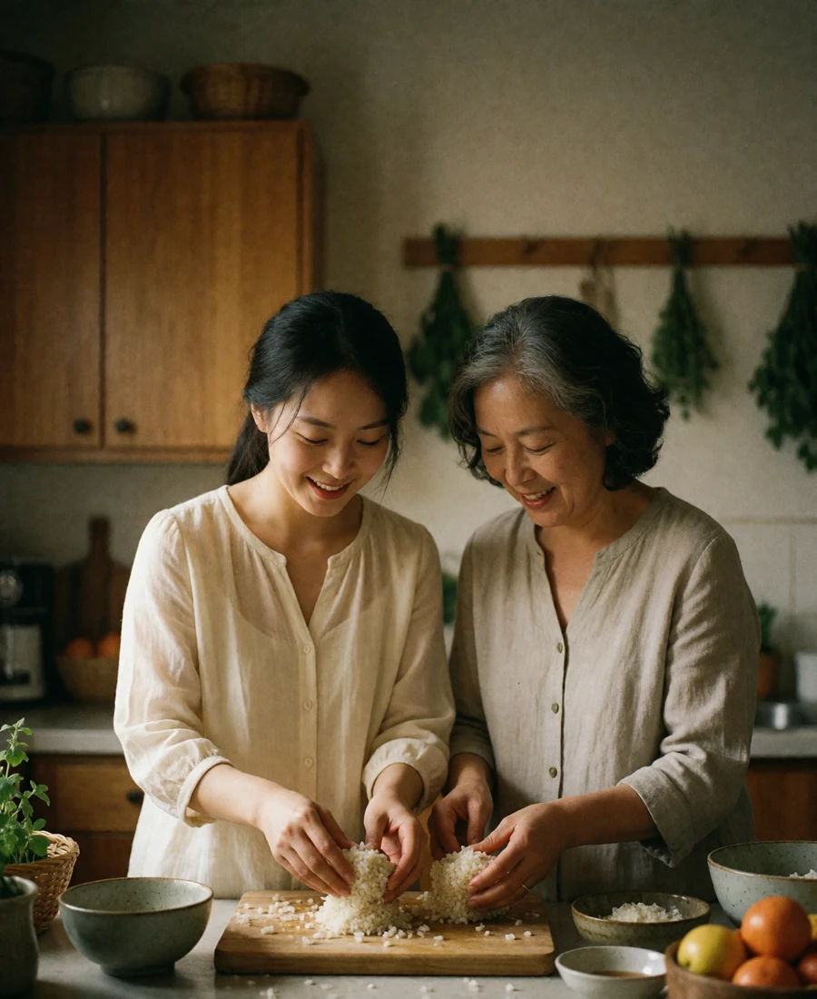 Korean woman shaping traditional rice cakes beside an older relative in a warmly lit family kitchen