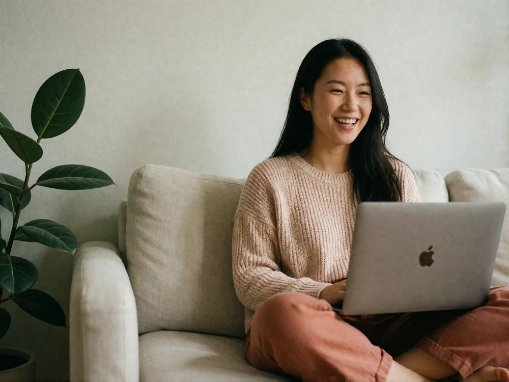East Asian woman in a blush knit laughing during a video call on a linen sofa in a bright living room