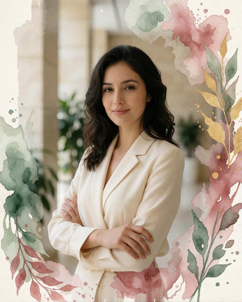 Uzbek woman in a cream blouse smiling in a bright modern office lobby in Tashkent