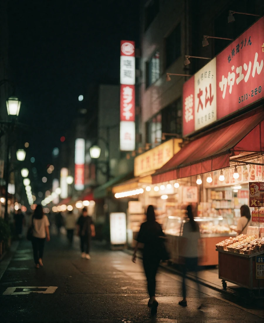 Tokyo entertainment street at night with warm shopfront light reflecting on wet asphalt