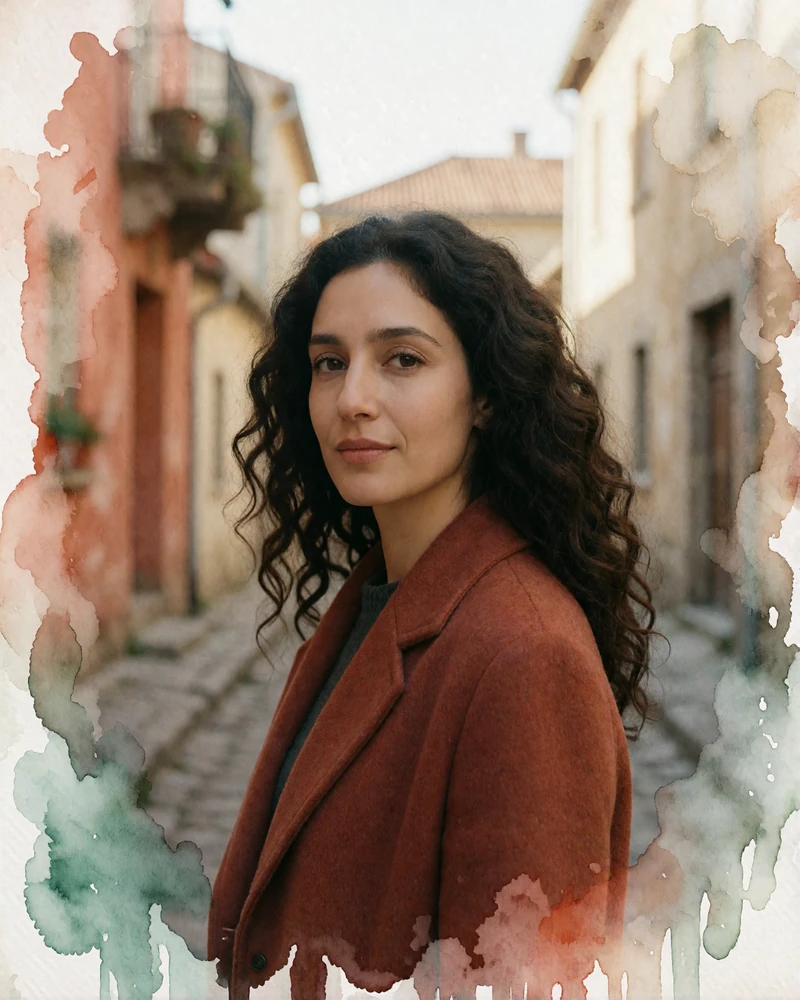Armenian woman in a rust-toned wool coat on a quiet stone street in Gyumri
