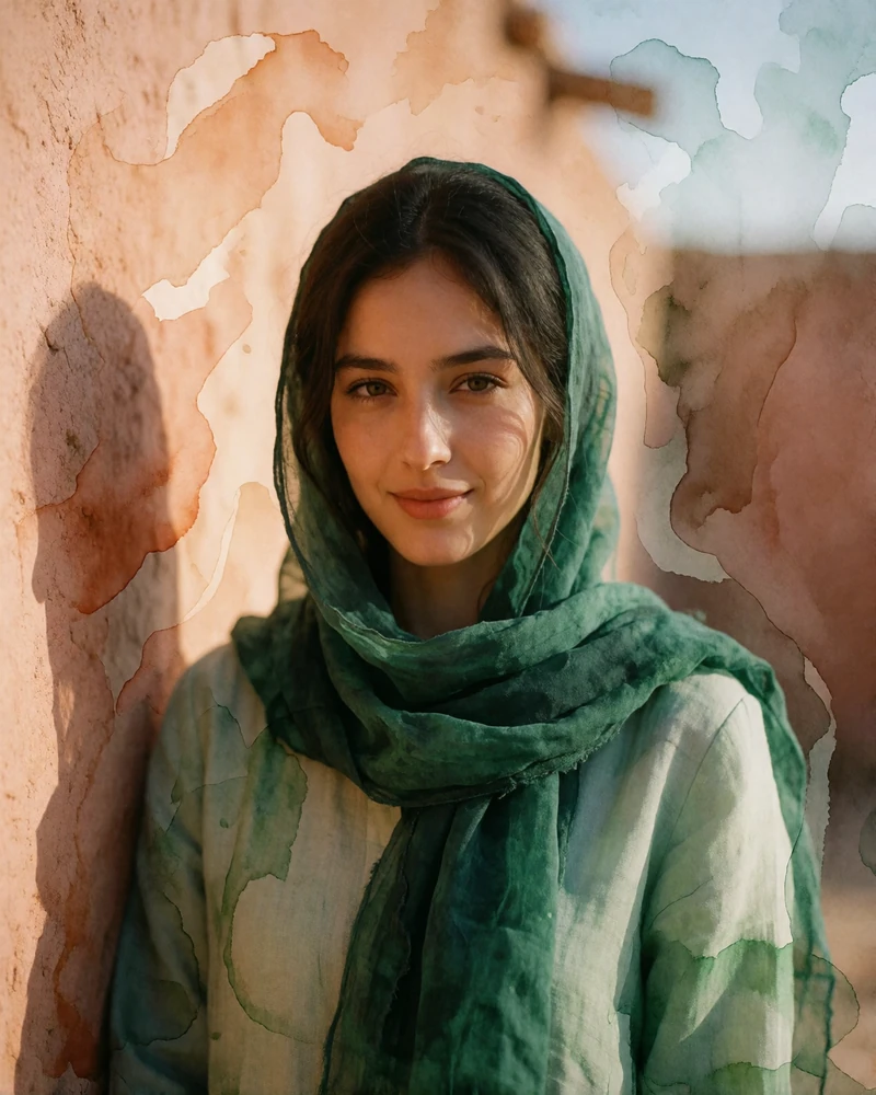 Young Tajik woman in a deep emerald headscarf smiling shyly beside a sunlit plaster wall in Kulob