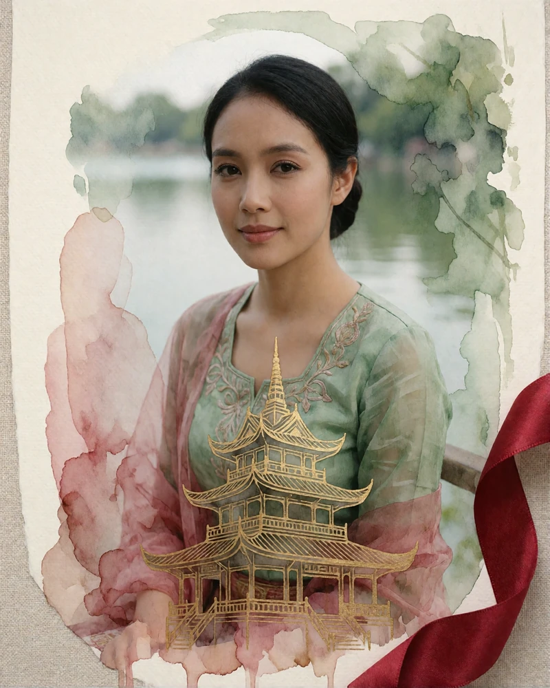 Burmese woman in a sage green embroidered blouse seated near Inle Lake with a calm, gentle smile