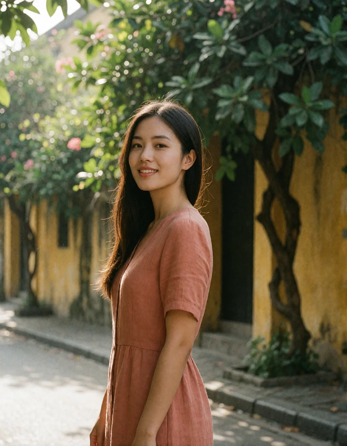 Verified Vietnamese member in a terracotta linen dress on a leafy old quarter street in Hanoi