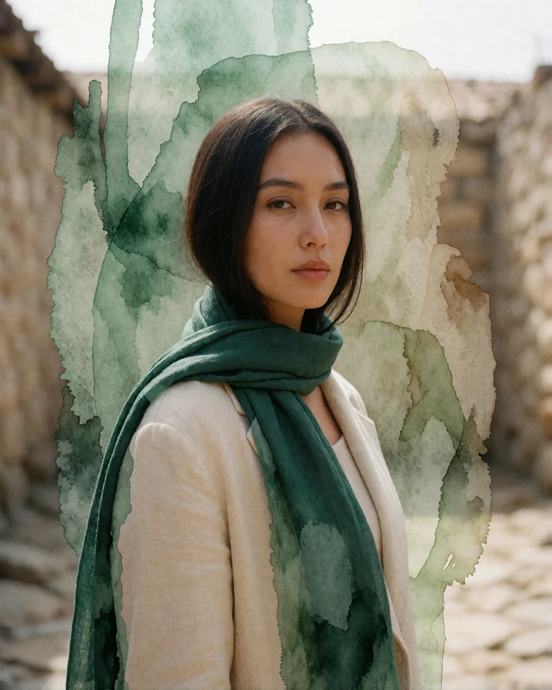 Kyrgyz woman in an emerald scarf and cream coat standing in a quiet stone-walled courtyard in Naryn