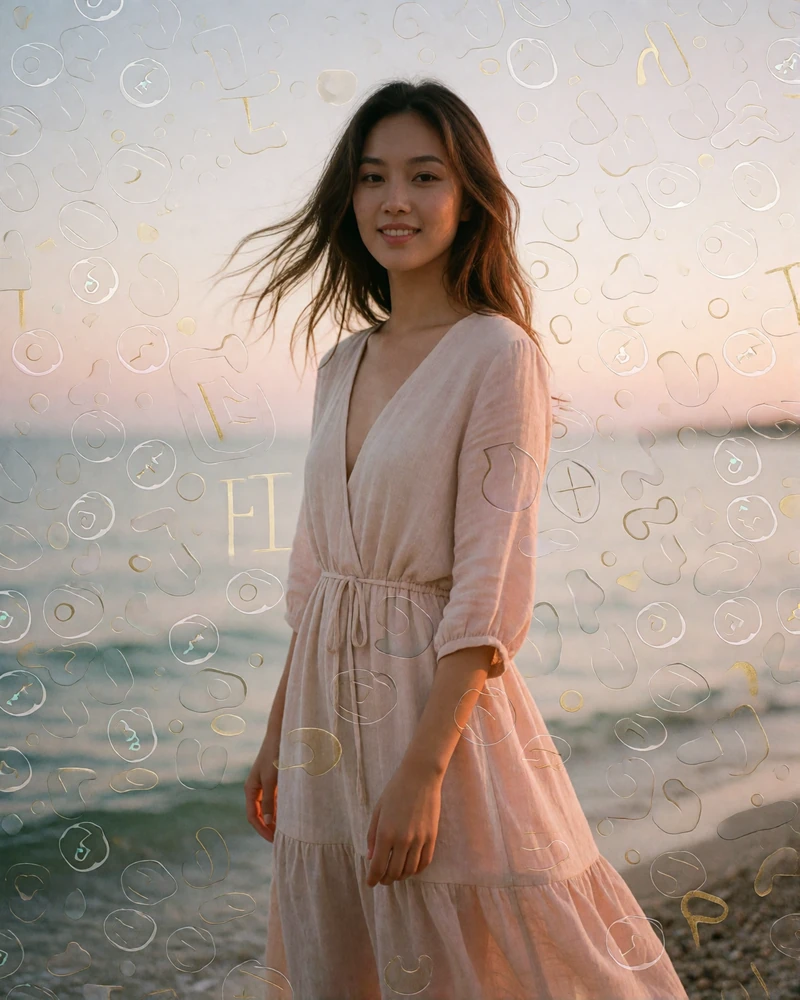 Vietnamese woman in a blush maxi dress standing near the shoreline at dusk in Da Nang