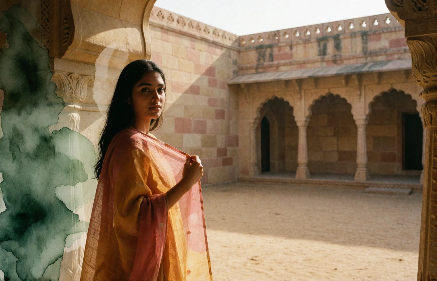 Young Indian woman in a saffron and rose dupatta standing beneath a carved sandstone archway in a Rajasthan heritage courtyard