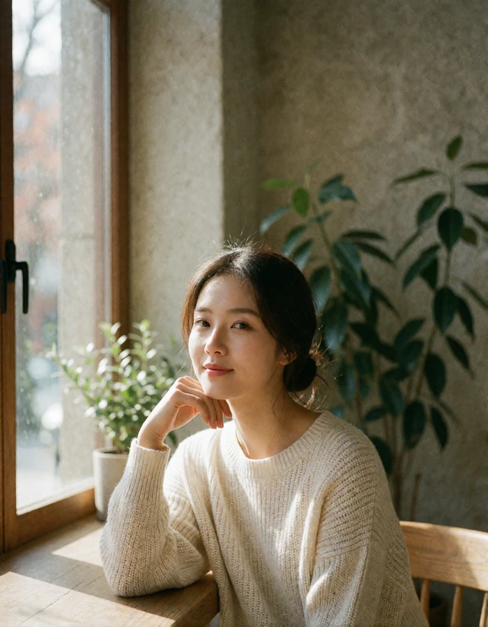 Verified Korean member in a cream knit sweater smiling by a cafe window in Seoul