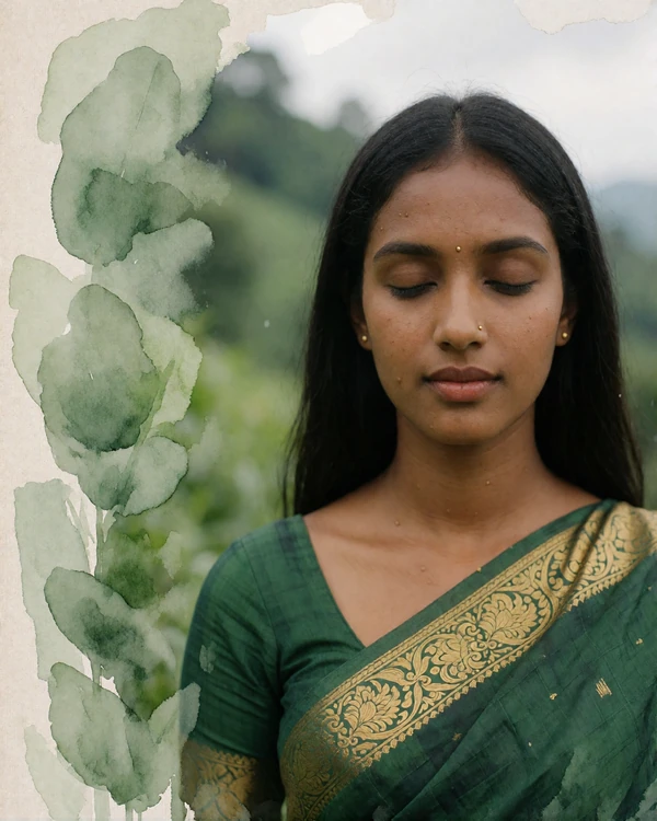 Sri Lankan woman in a deep green and gold sari smiling among lush hill-country greenery near Kandy