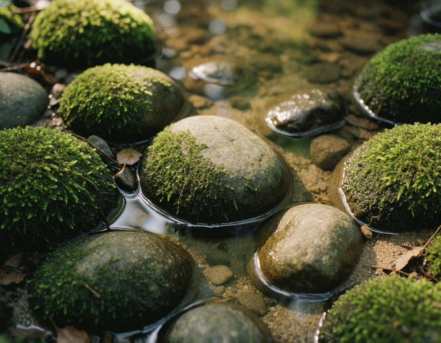 Moss covered river stones with shallow clear water, a natural texture used across MatchAsian regional guides