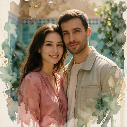 Couple smiling together in a sunlit tiled courtyard, a documented MatchAsian success story