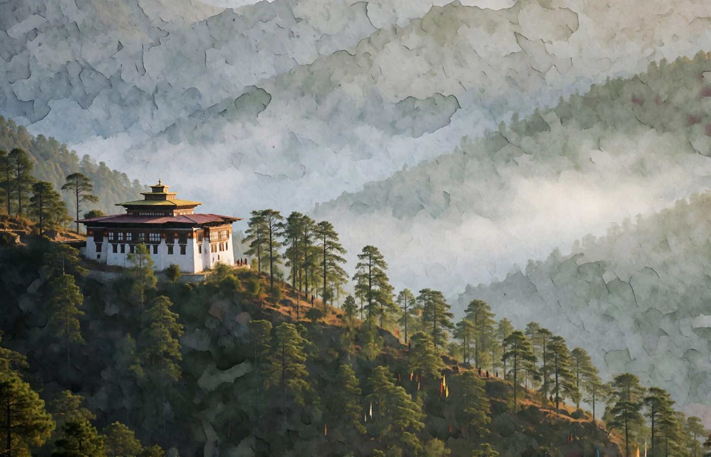 A misty Bhutanese mountain valley at dawn with a whitewashed dzong-style building on a forested ridge and layered pine slopes fading into soft haze