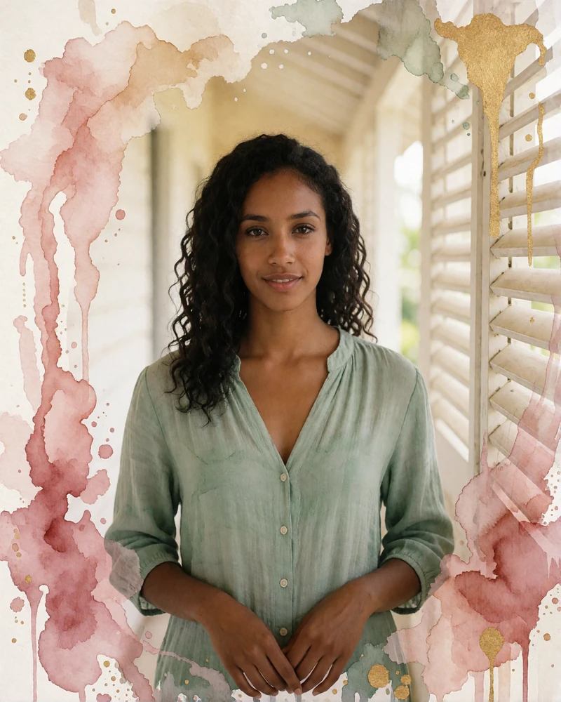 Timorese woman in a sage blouse smiling in a bright airy corridor in Dili