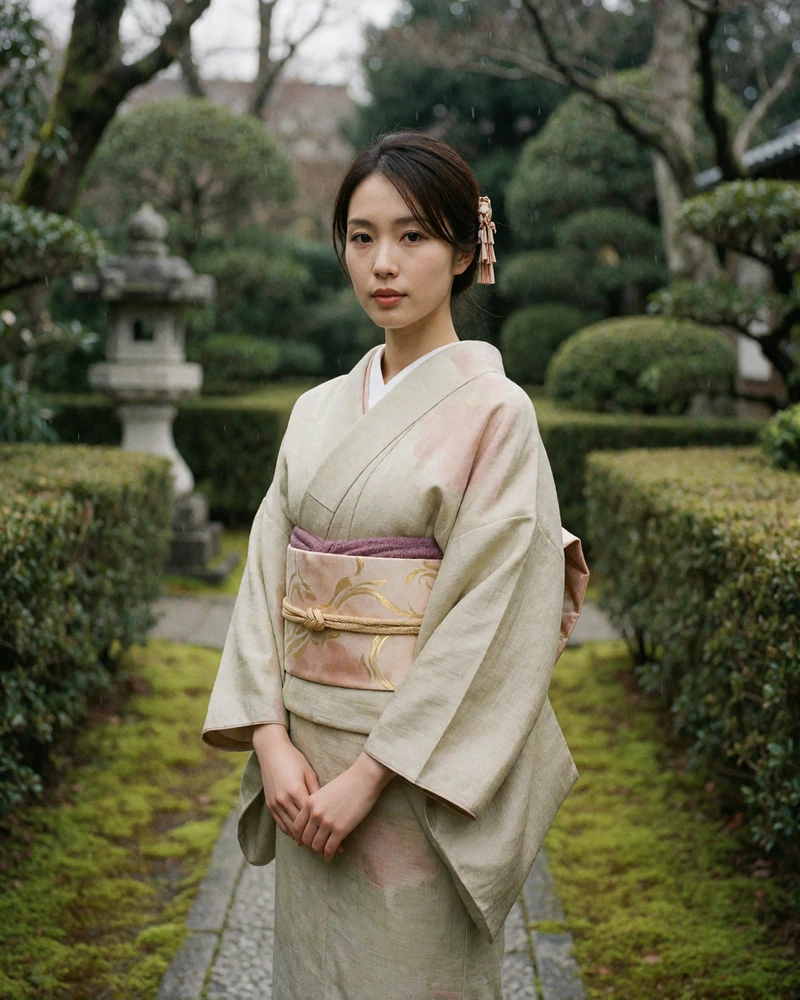 Japanese woman in a sage and plum silk kimono standing on a Kyoto garden path