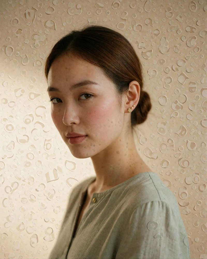 Mongolian woman with hair in a low bun photographed against a warm sand-toned backdrop