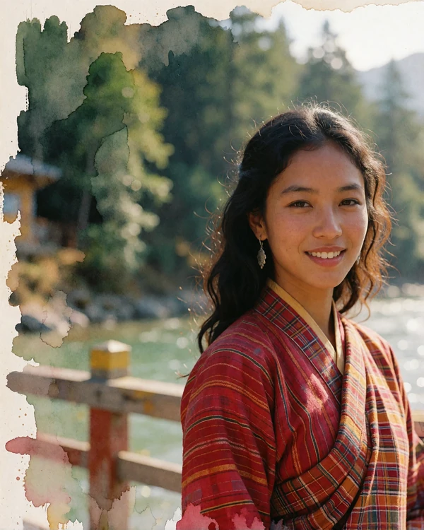 Bhutanese woman in a crimson and saffron woven kira near a wooden footbridge in Punakha