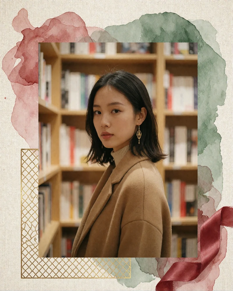 Chinese woman in a camel coat browsing shelves in a bright modern bookstore