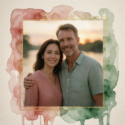 Couple smiling together on a riverside evening walk in Thailand