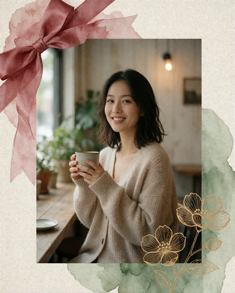 Taiwanese woman in a beige cardigan smiling warmly while holding a ceramic cup in a Taipei café