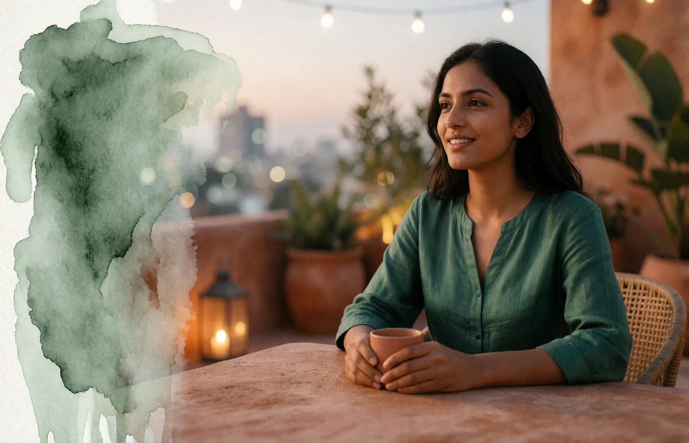 Stylish Indian woman enjoying golden-hour views from a rooftop lounge in Mumbai, reflecting the city's modern dating scene