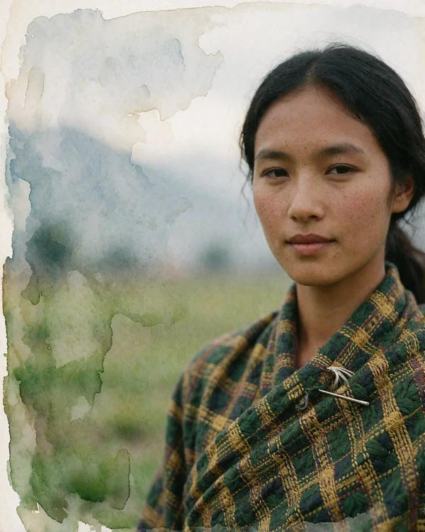 Bhutanese woman in a forest-green and gold woven wrap standing in an open field near Paro