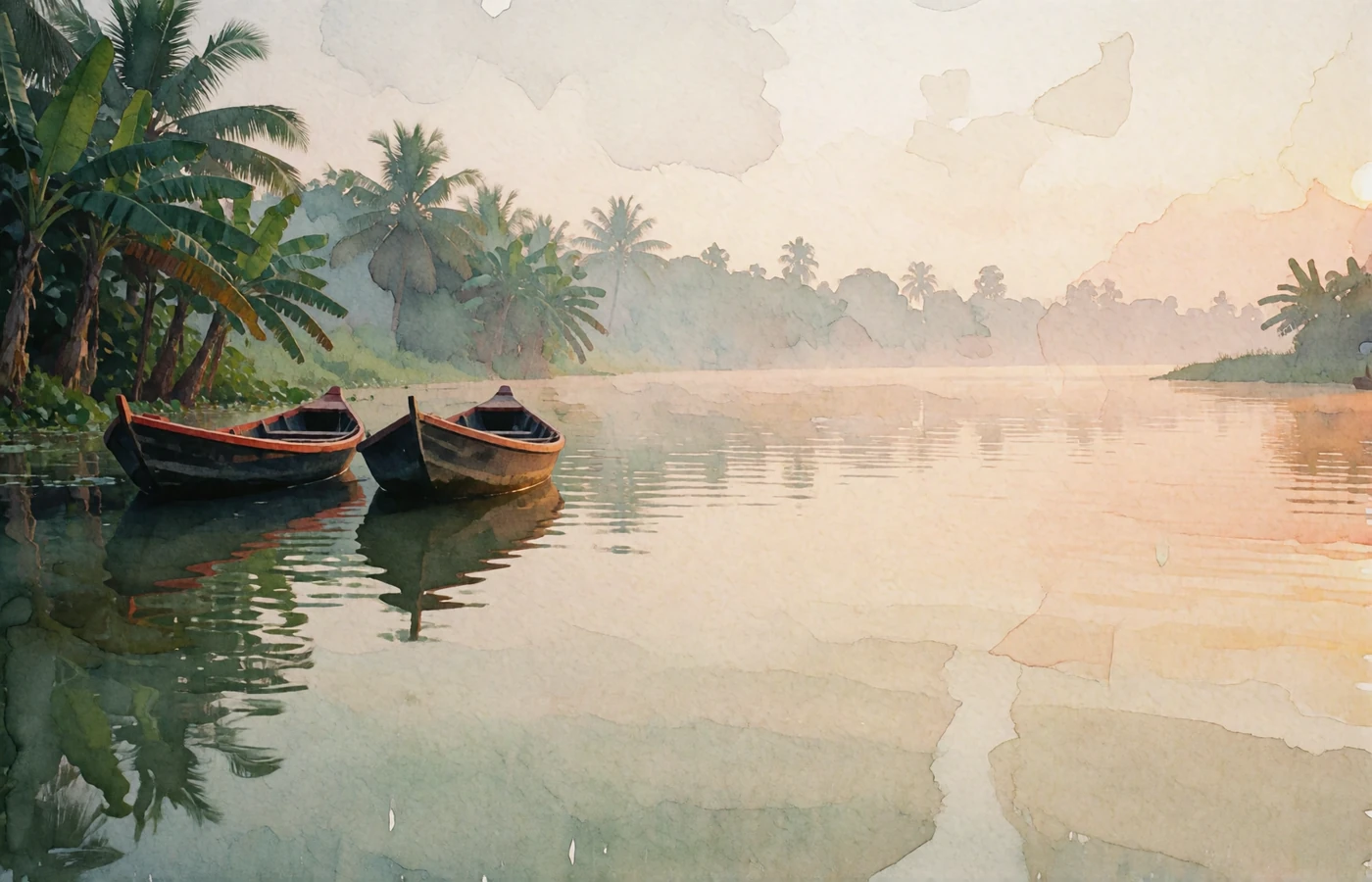 Two wooden boats resting on a still river at dawn in Bangladesh, with soft mist rising over the water