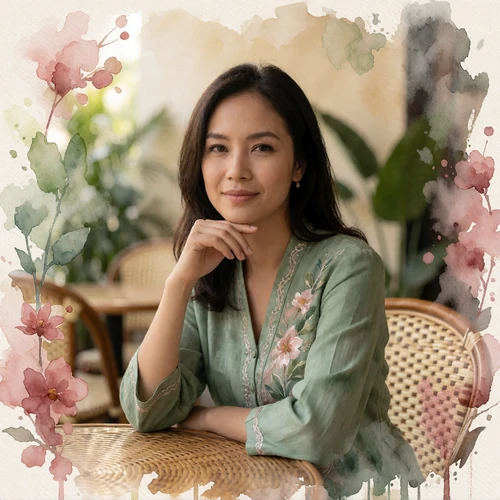 Malaysian woman in a sage green kebaya-inspired top smiling candidly at an outdoor rattan cafe