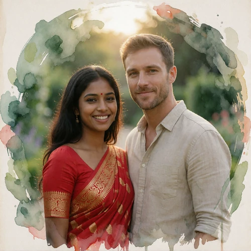 Smiling couple photographed outdoors at golden hour after meeting through MatchAsian