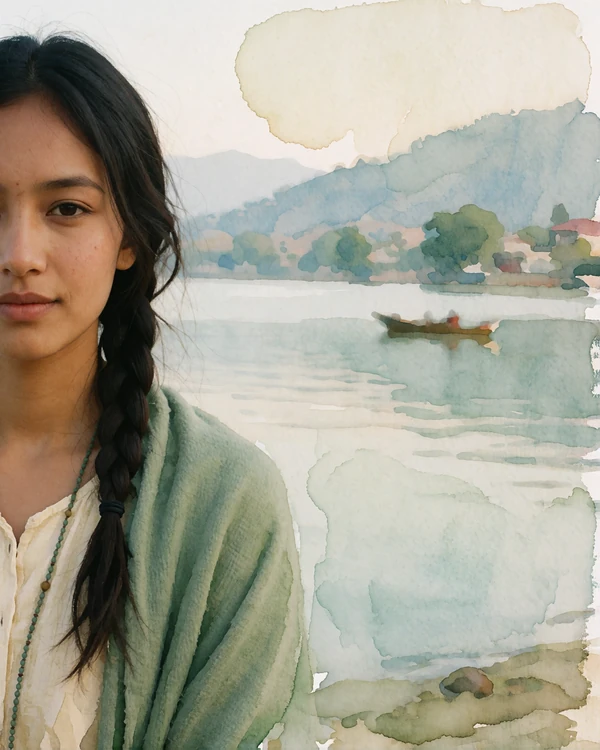 Nepalese woman with a loose braid wearing a sage-green shawl by a lakeside in Pokhara