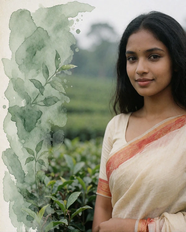 Bangladeshi woman in a cream and rust sari smiling among tea-garden greenery in Sylhet