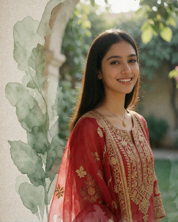 Pakistani woman in a red and gold embroidered kameez smiling in a leafy garden courtyard in Islamabad