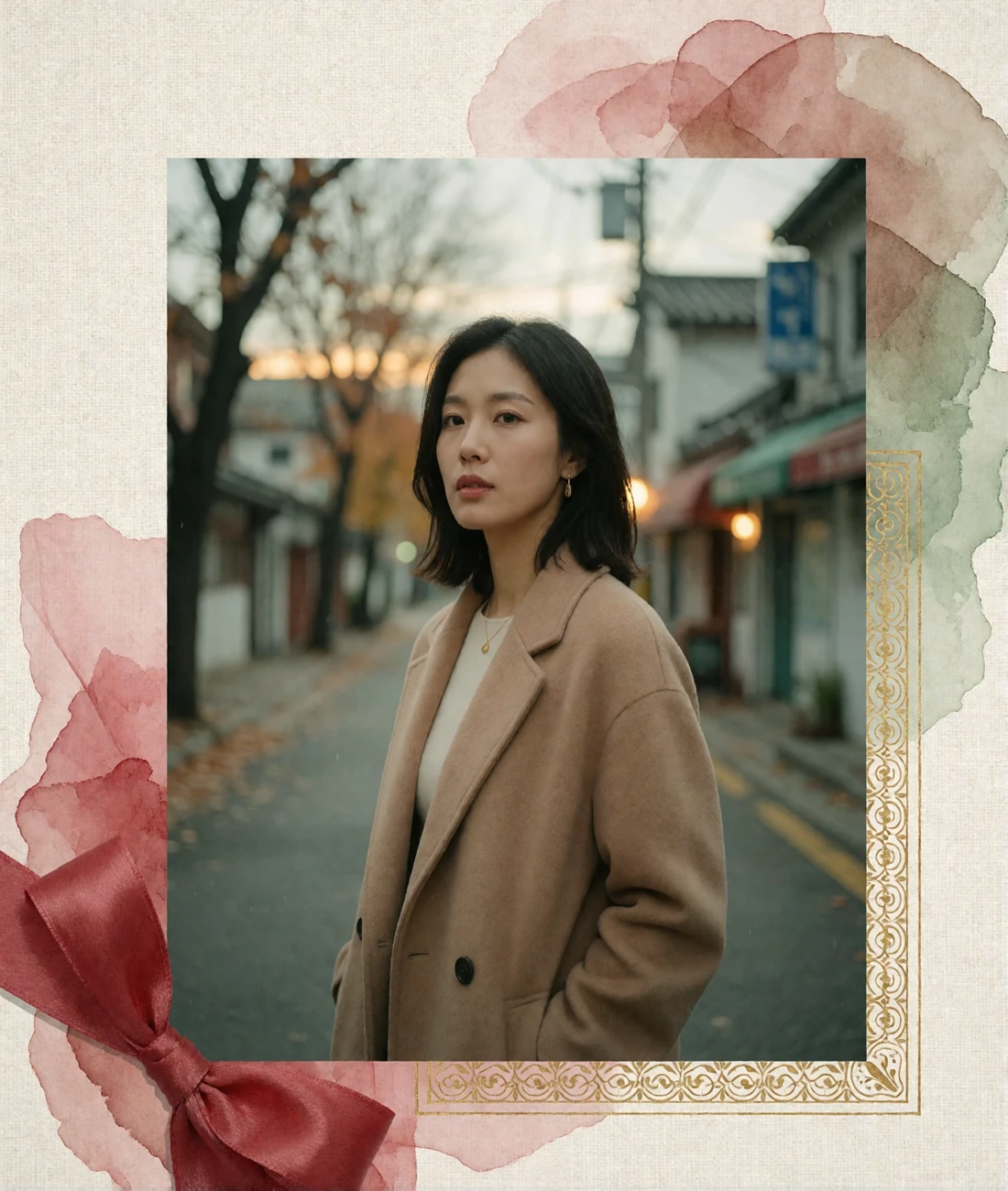 Korean woman in a camel coat standing on a quiet Seoul side street lined with bare autumn trees