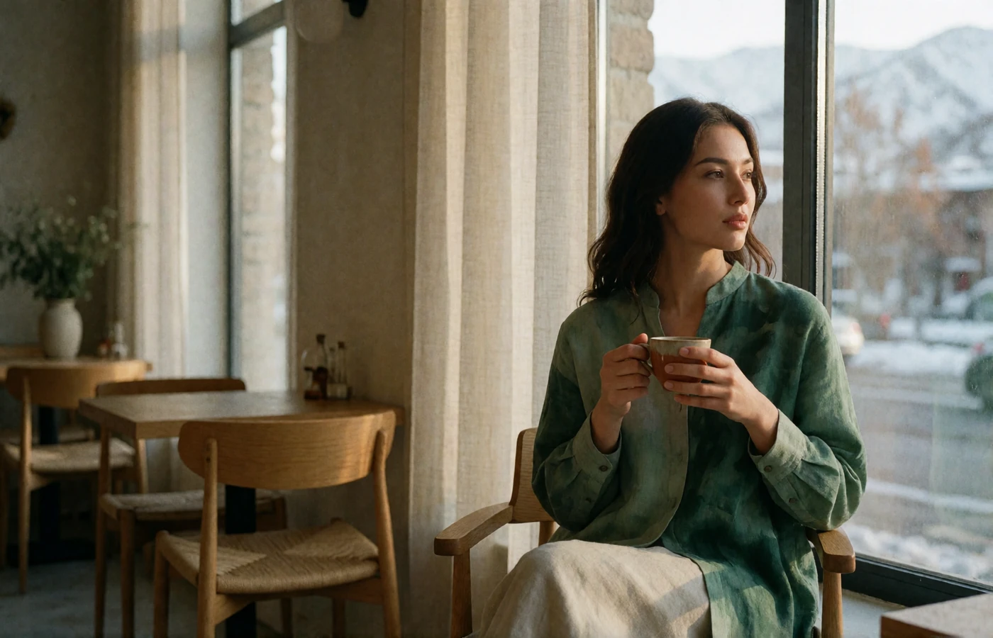 Poised Kazakh woman seated by a café window in Almaty holding a ceramic cup, with snow-capped mountains visible beyond the glass
