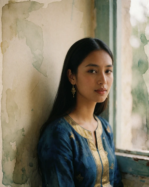 Nepalese woman in a deep blue and gold kurta seated near a window with soft light in Lalitpur