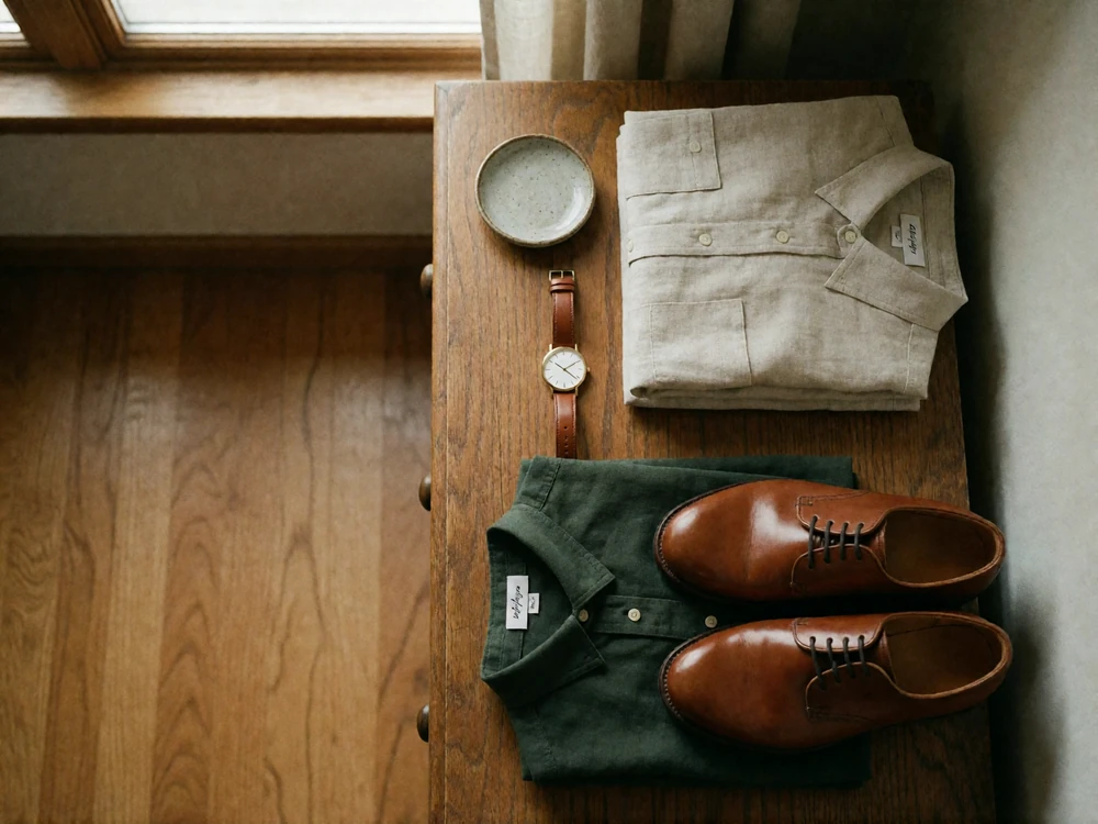 Overhead view of neatly folded shirts, polished leather shoes and a simple watch arranged on a wooden dresser
