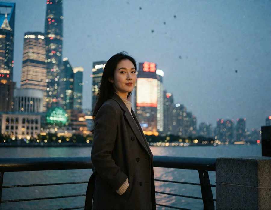 Chinese woman in a tailored coat on the riverside Bund promenade in Shanghai at dusk