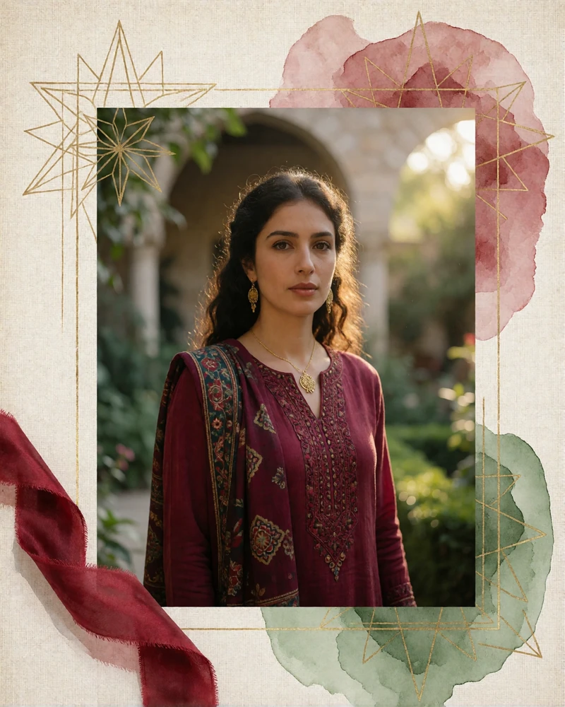 Afghan woman in a burgundy tunic with gold jewelry standing in a sunlit garden courtyard