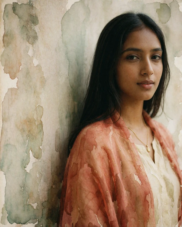 Bangladeshi woman in a terracotta shawl standing against a weathered pale wall in Rajshahi